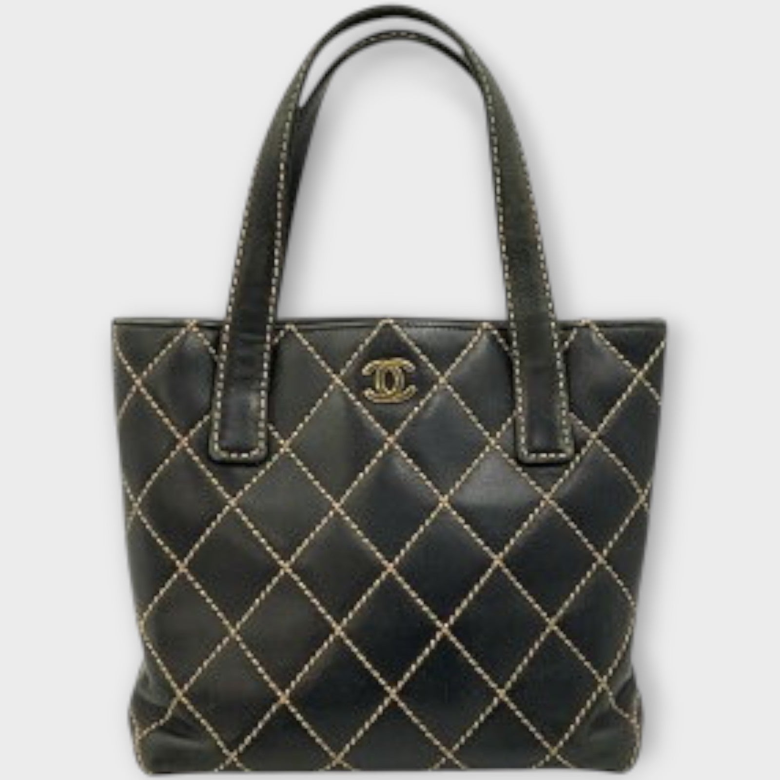 CHANEL A18126 Wild Stitch Tote Bag Leather Serial Seal Peeling Black x Beige