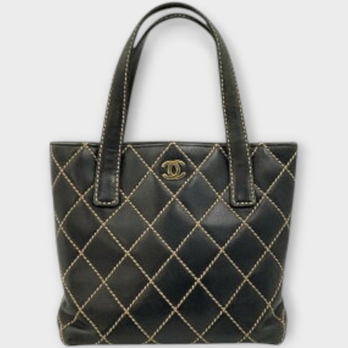 CHANEL A18126 Wild Stitch Tote Bag Leather Serial Seal Peeling Black x Beige