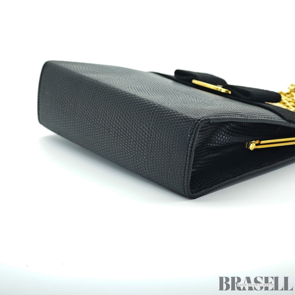 Salvatore Ferragamo Vara Ribbon 22-3054 Embossed Compact Shoulder Bag Black