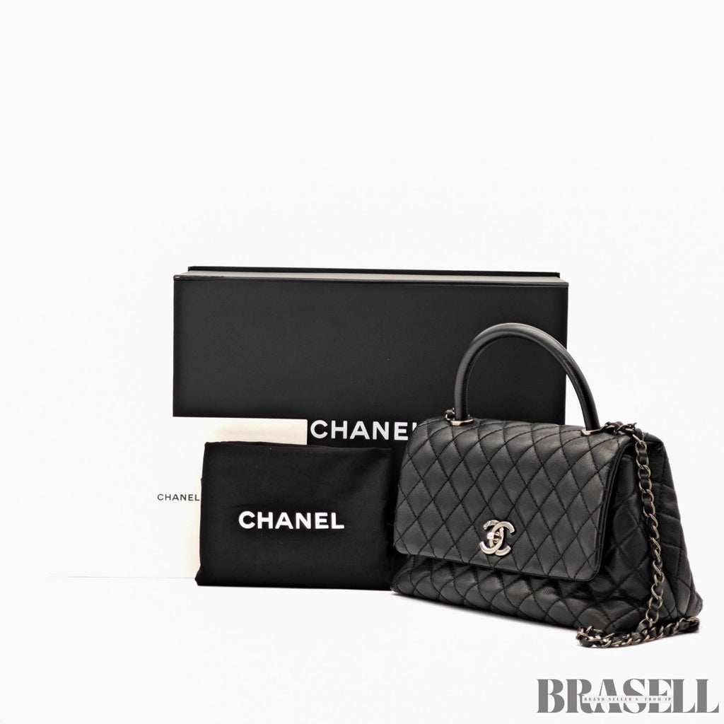 CHANEL Top Handle Matelasse 2Way Handbag Shoulder Bag Black Caviar Skin Women