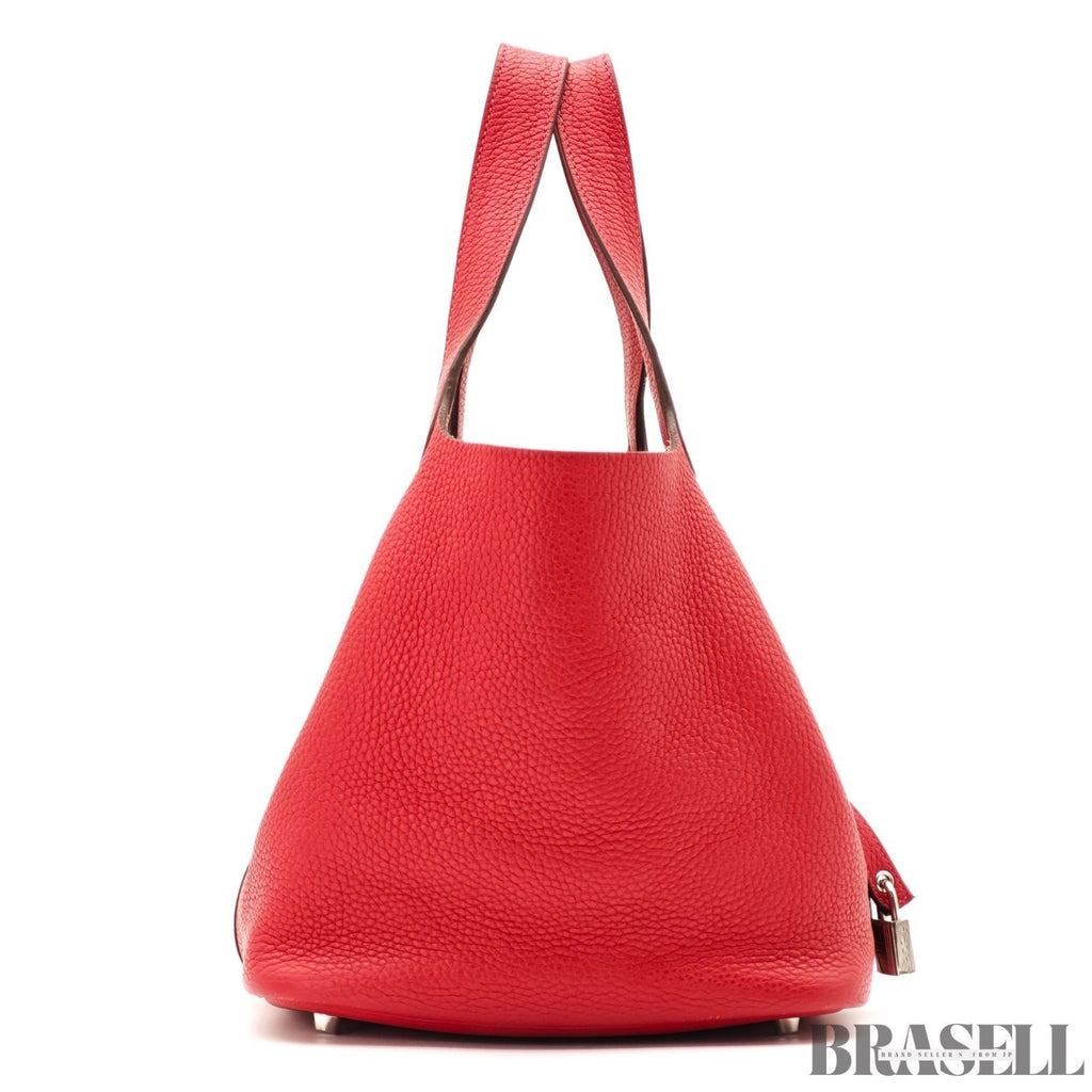 HERMES Picotin Lock Red Handbag Tote Bag Leather Silver Hardware with Padlock