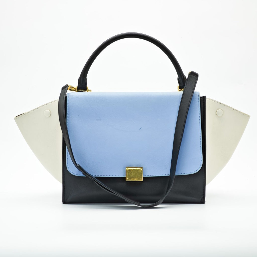 CELINE Trapeze Small 2-Way Handbag/Shoulder Bag Black Light Blue and Ivory