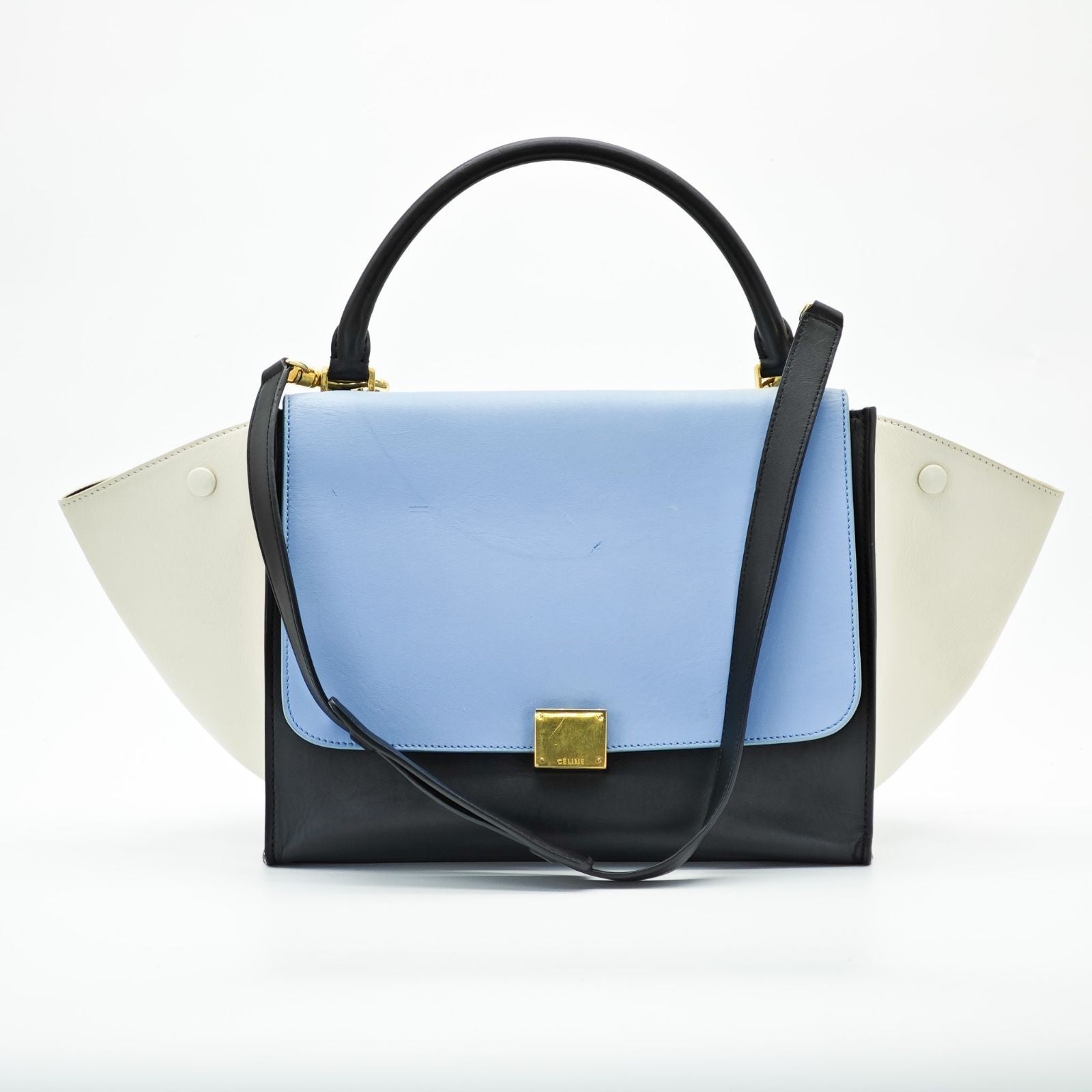 CELINE Trapeze Small 2-Way Handbag/Shoulder Bag Black Light Blue and Ivory