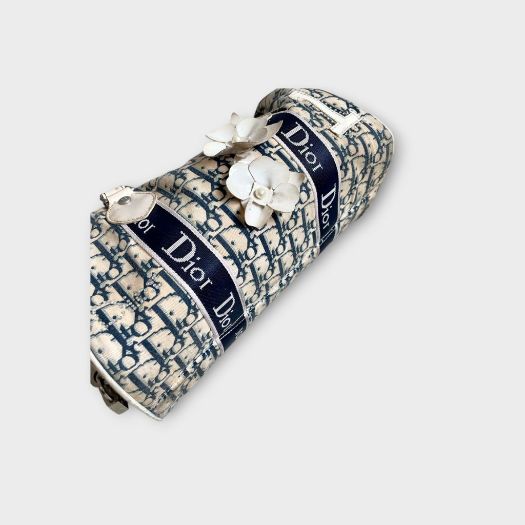Christian Dior Trotter Flower Mini Boston Handbag Canvas Leather Navy Beige 【B】