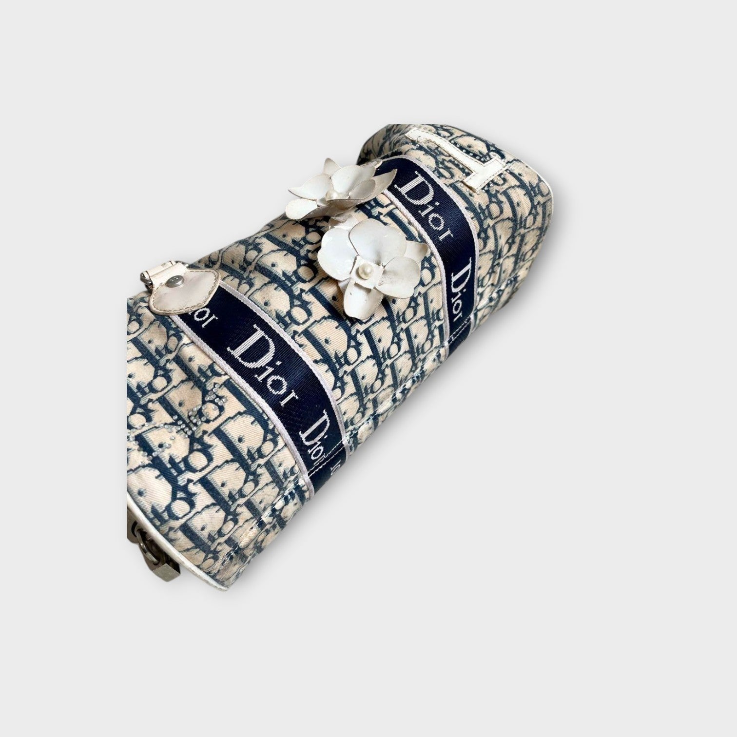 Christian Dior Trotter Flower Mini Boston Handbag Canvas Leather Navy Beige 【B】