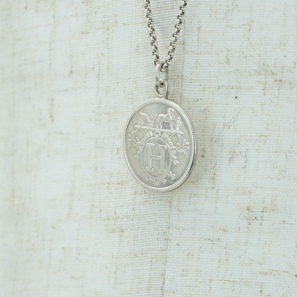 HERMES Ex Libris MM Necklace Coin Silver for Women' Men's