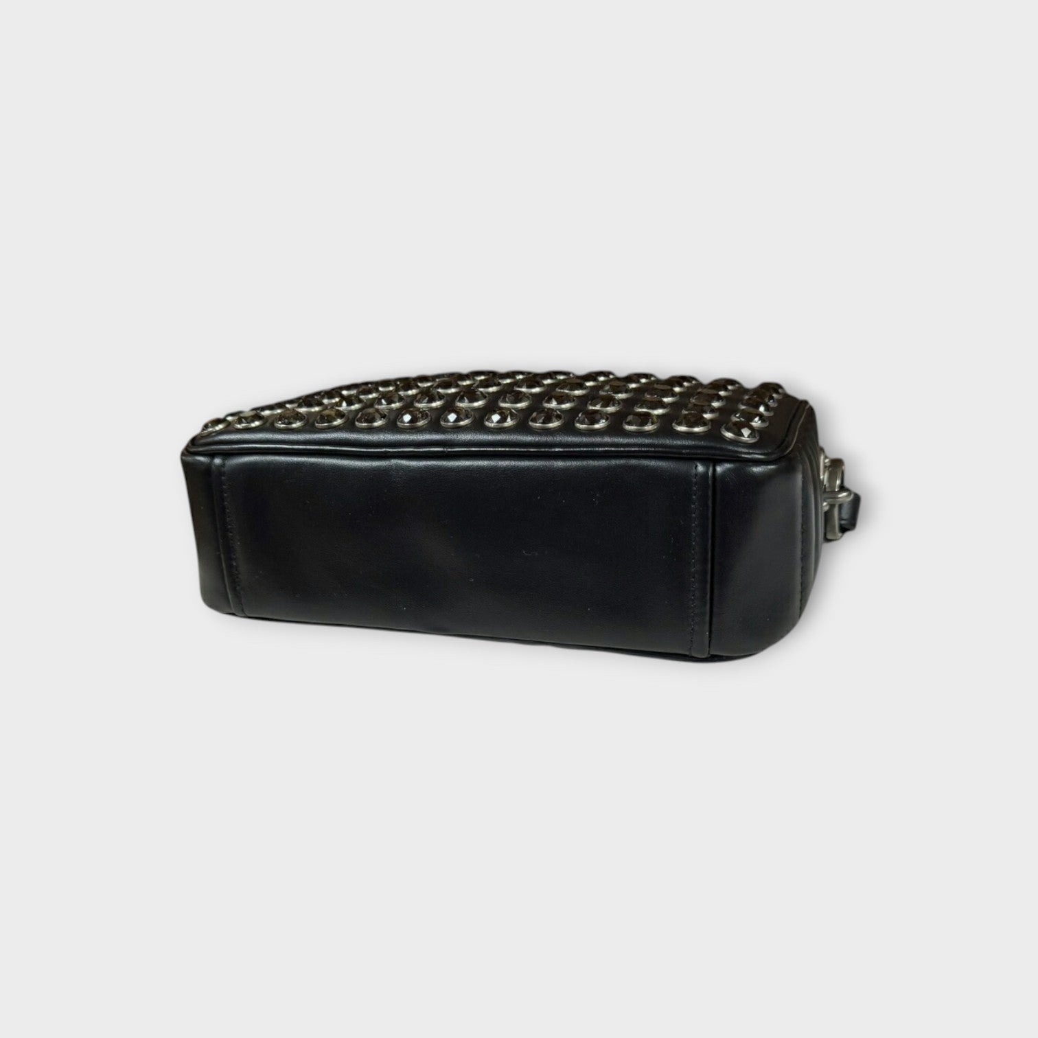 Prada Crystal Studs Chain Shoulder Bag Leather 1BH103 Black Silver Hardware 【A】