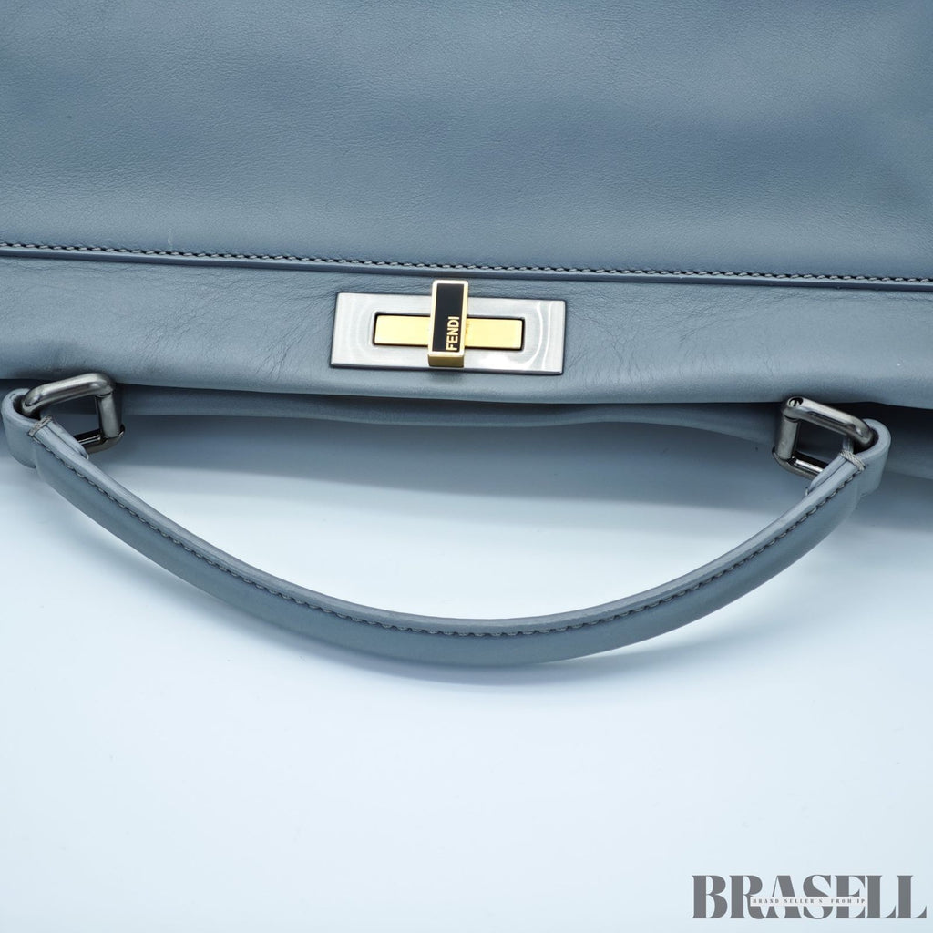 FENDI Peekaboo Large Gray Leather Handbag Shoulder Bag w/ Dust Bag Women's