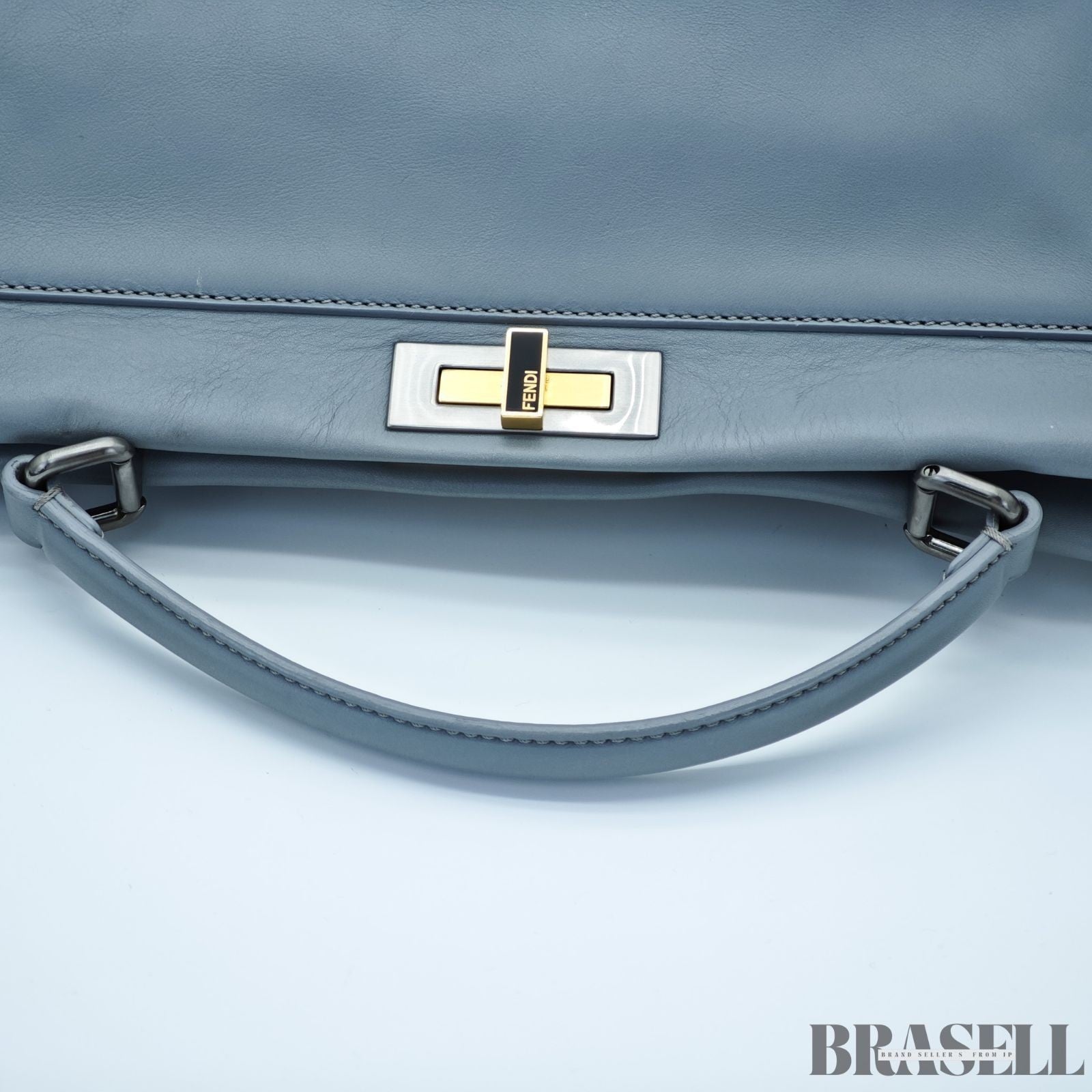 FENDI Peekaboo Large Gray Leather Handbag Shoulder Bag w/ Dust Bag Women's