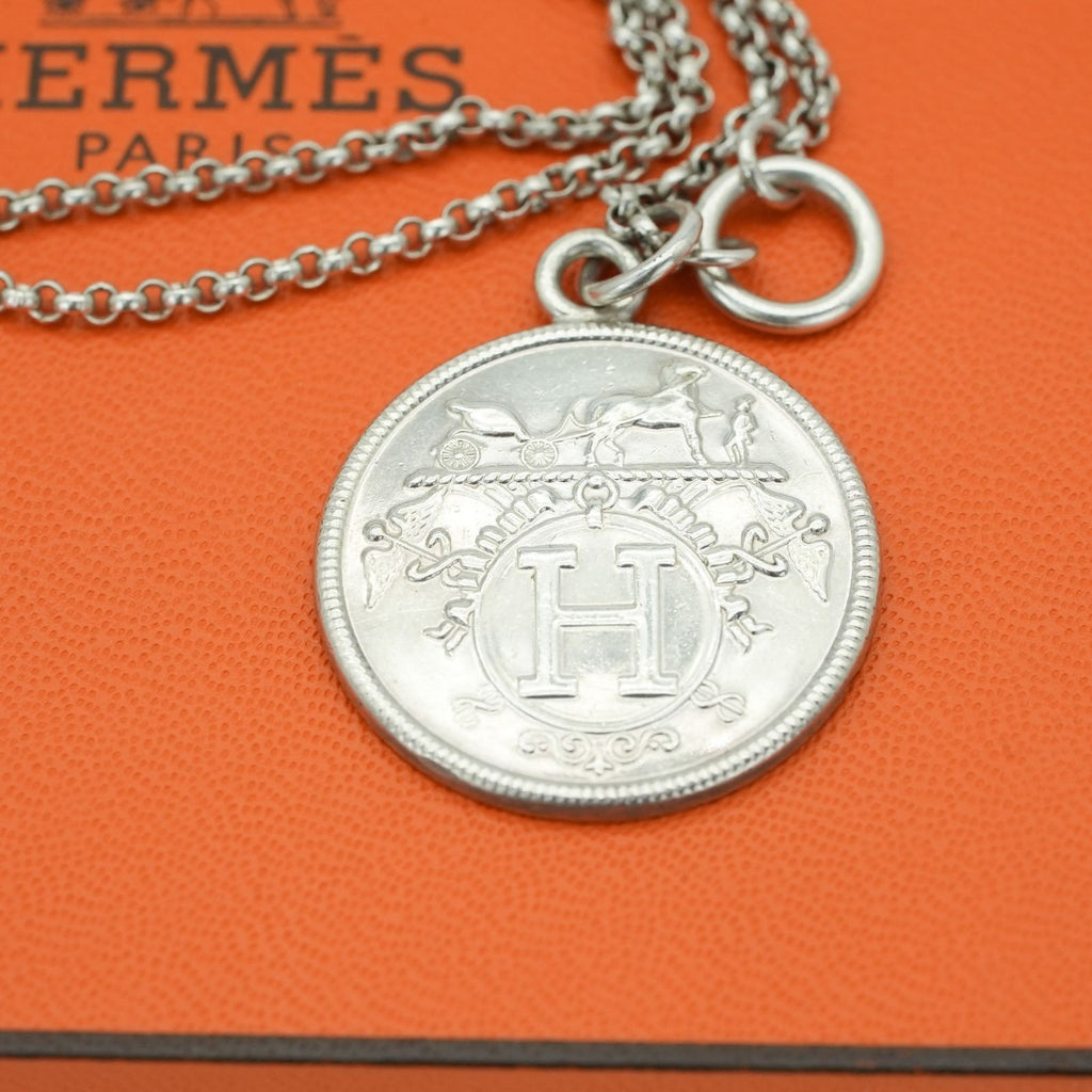 HERMES Ex Libris MM Necklace Coin Silver for Women' Men's