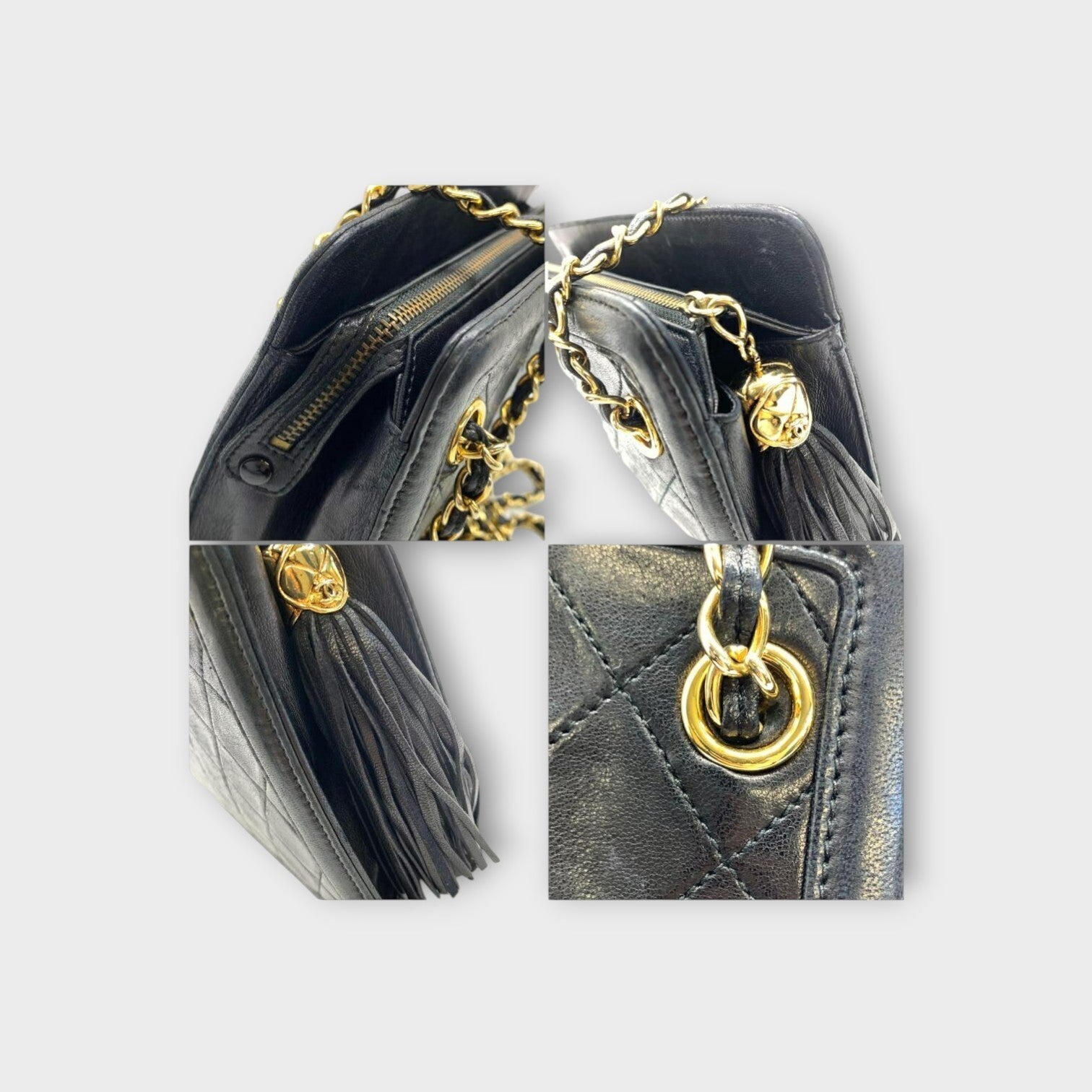 CHANEL Matelassé Fringe Chain Shoulder Bag Lambskin Black Gold Hardware 【B】