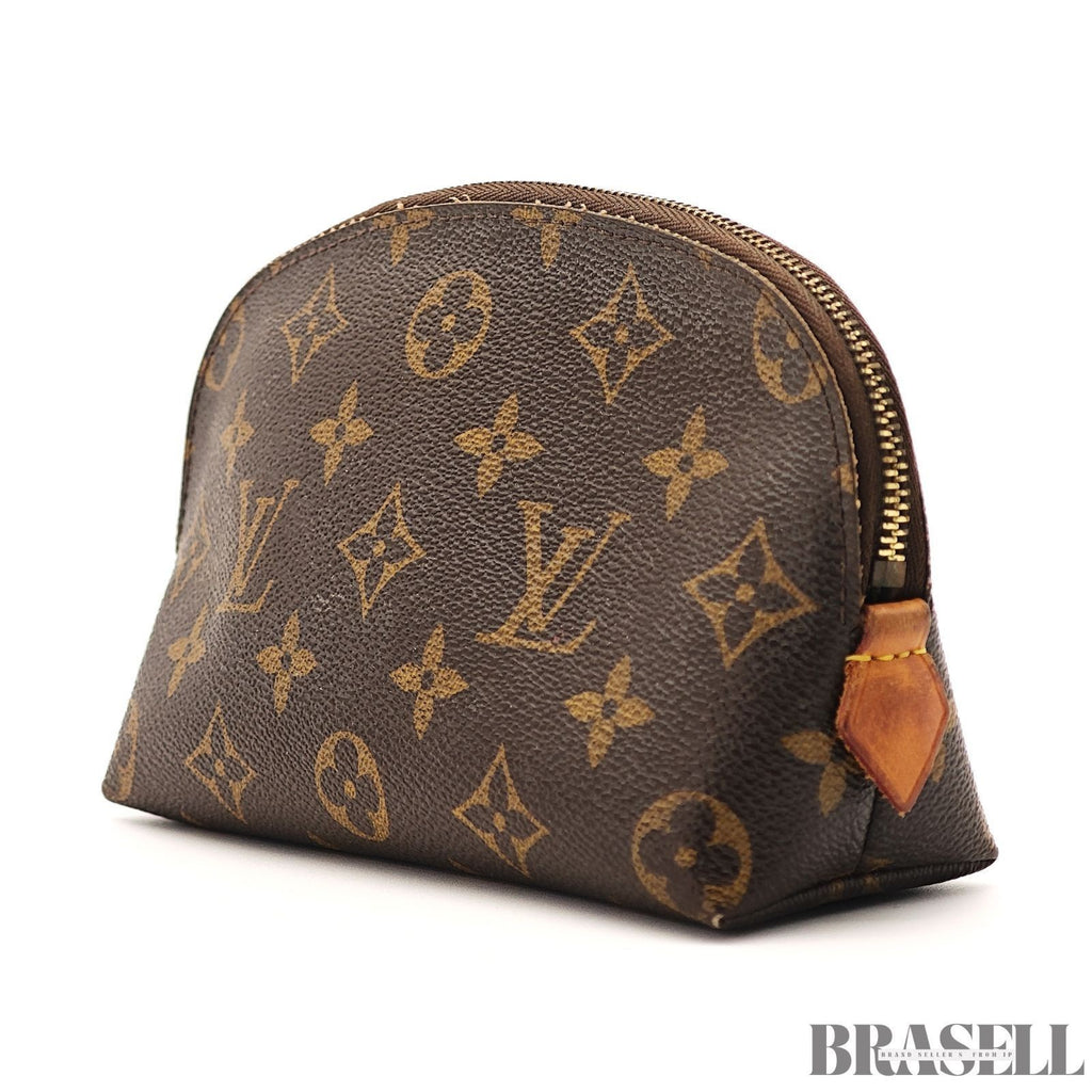 LOUIS VUITTON Logo Pochette Cosmetic PM Pouch Monogram Leather Brown M47515