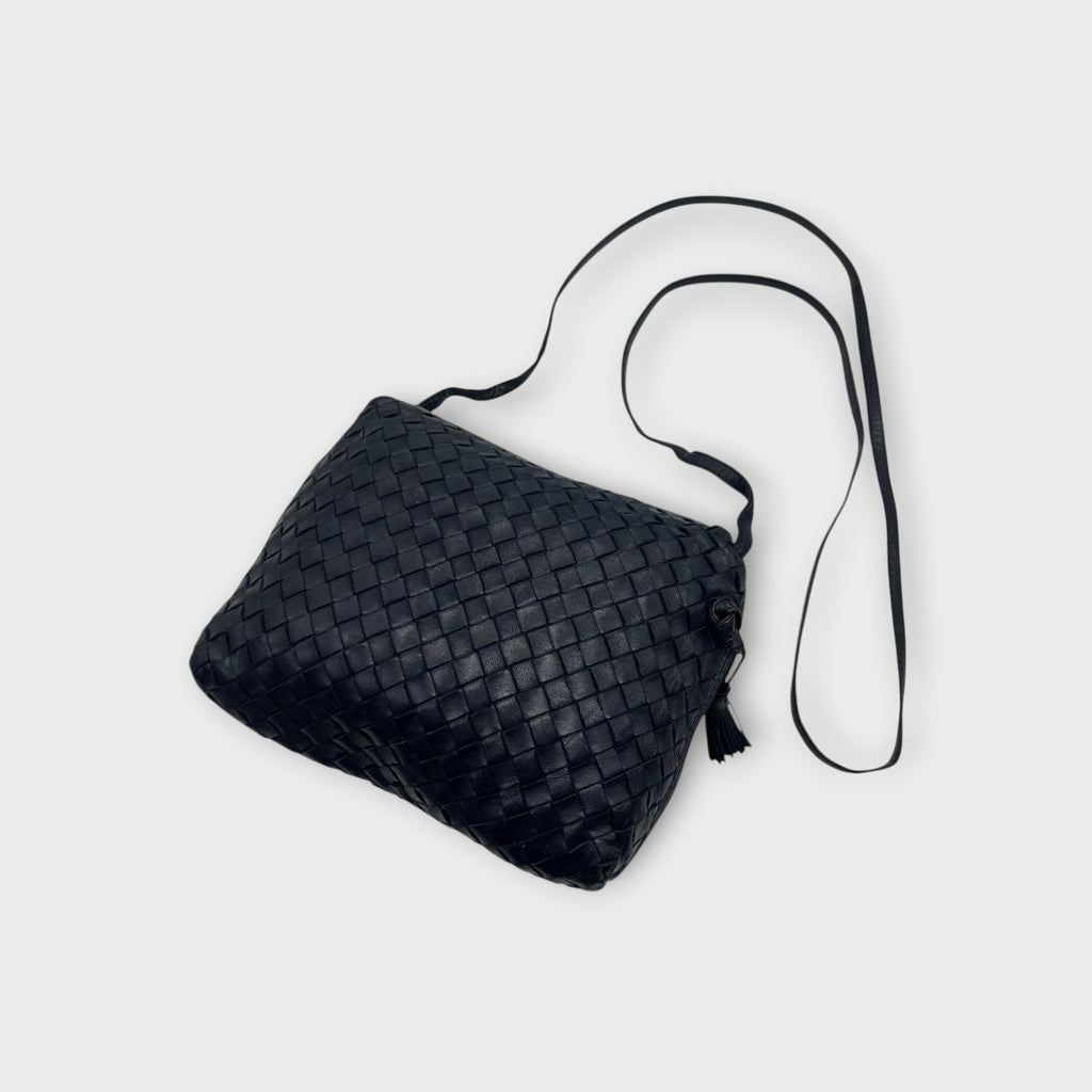 Bottega Veneta Intrecciato Shoulder Bag Fringe Tassel Leather Navy【A】