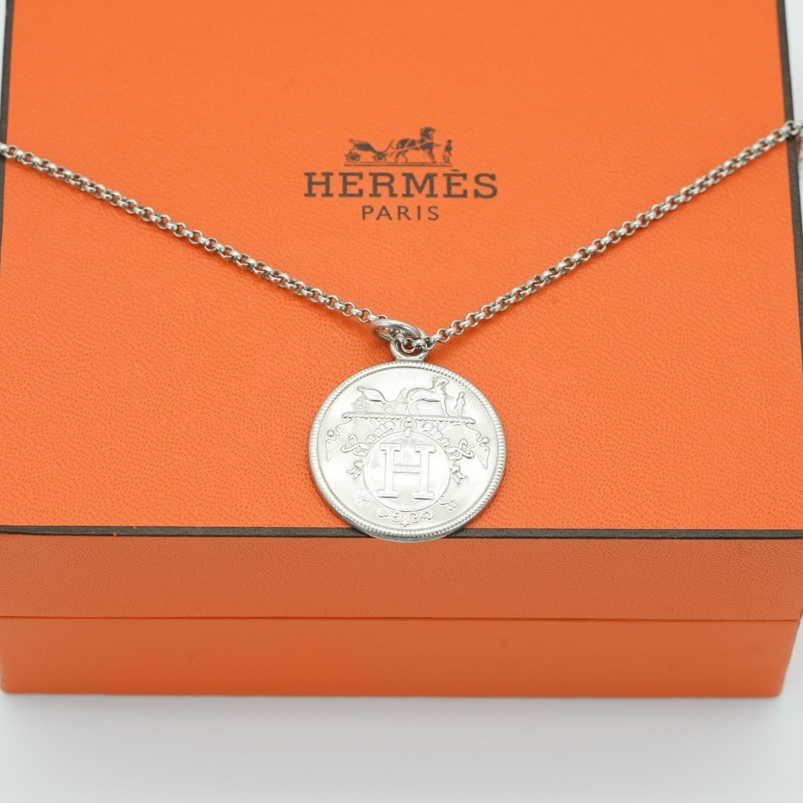 HERMES Ex Libris MM Necklace Coin Silver for Women' Men's