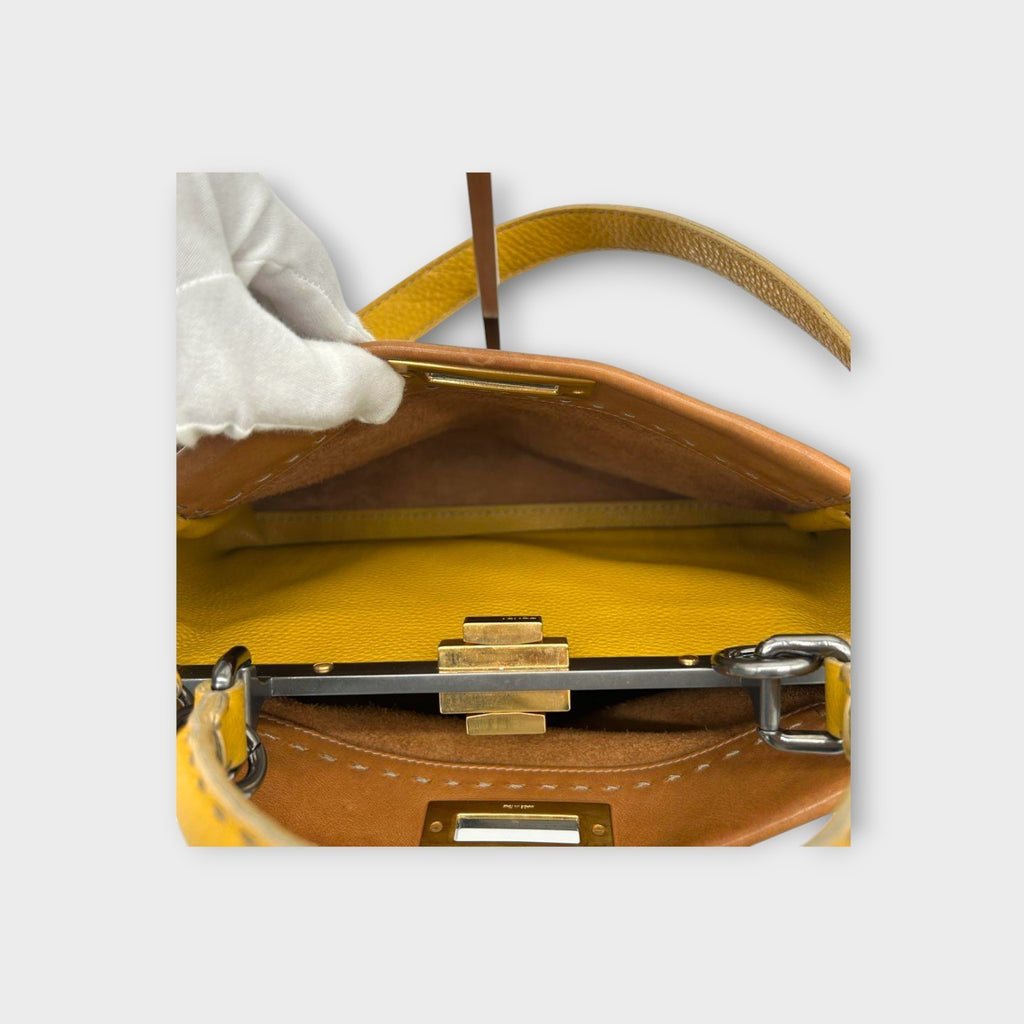 Fendi Selleria 2Way Handbag Shoulder Bag Leather Stitch Beige Yellow 【A】