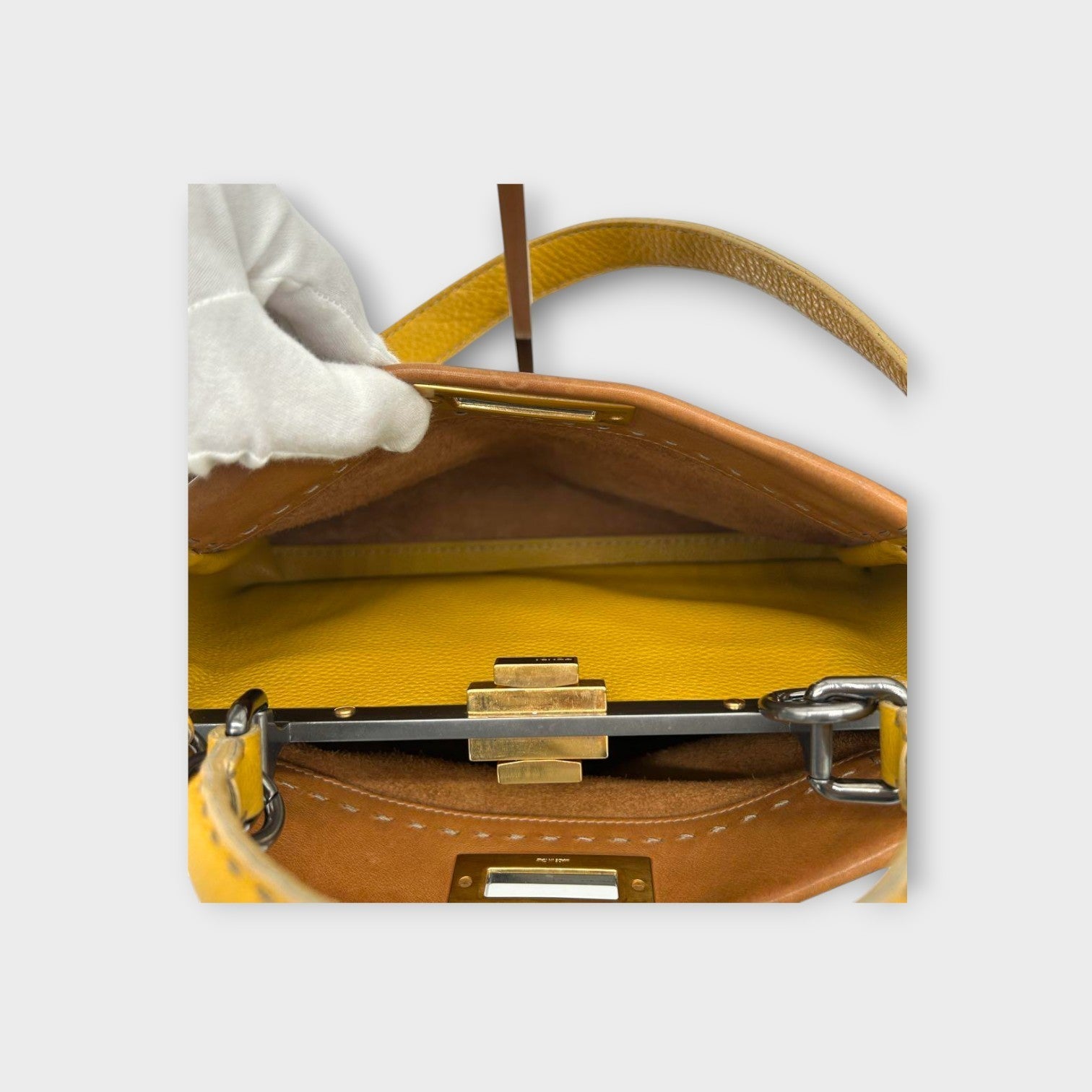 Fendi Selleria 2Way Handbag Shoulder Bag Leather Stitch Beige Yellow 【A】