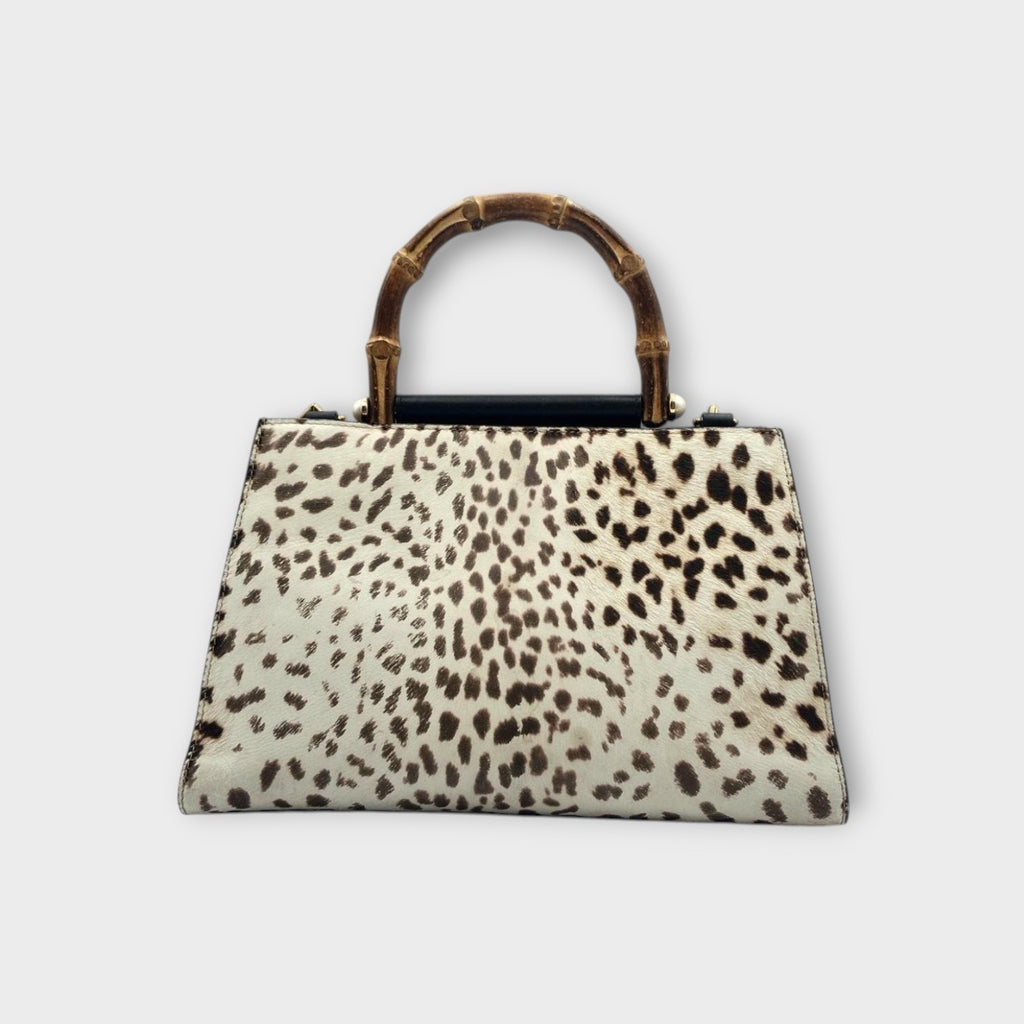 Gucci Nymphaea Bamboo Leopard 2WAY Handbag 459076 Beige Black Haircalf Leathe【A】