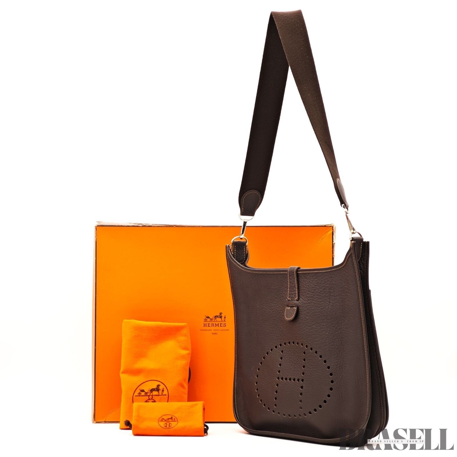 HERMES Evelyn 2 GM Punching H logo Shoulder Bag Brown w/Box Dust Bag Strap