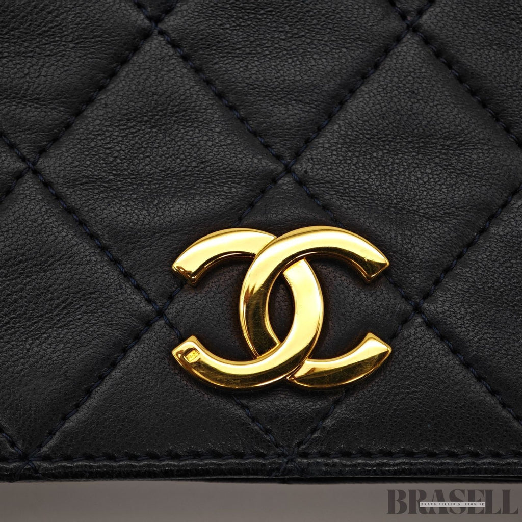 CHANEL Matelassé Full Flap Push Lock Shoulder Bag Chain Small Black Lambskin