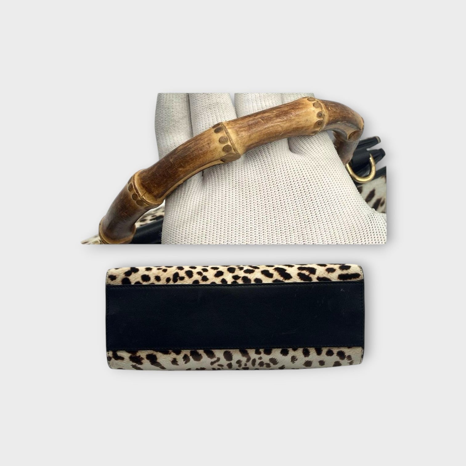 Gucci Nymphaea Bamboo Leopard 2WAY Handbag 459076 Beige Black Haircalf Leathe【A】