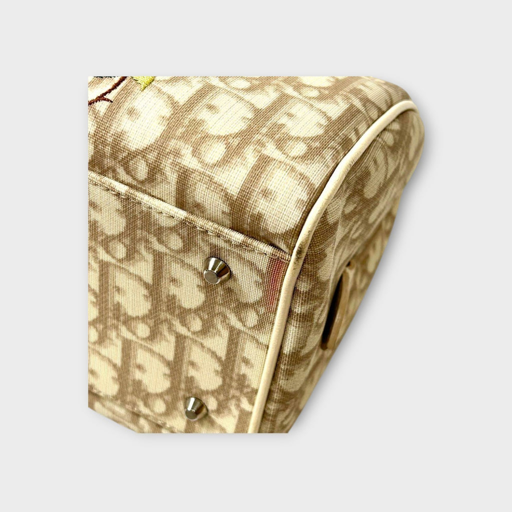 Dior Trotter PVC Leather Floral Handbag Tote Bag Beige Silver Hardware 【B】