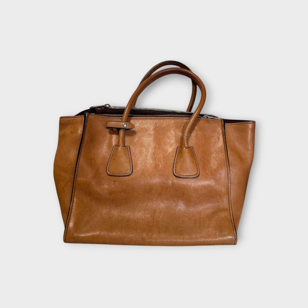 Prada Glacé Calf B2625M Brown Leather 2Way Handbag Silver Hardware 【B】