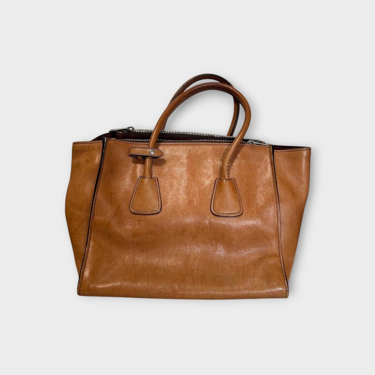 Prada Glacé Calf B2625M Brown Leather 2Way Handbag Silver Hardware 【B】