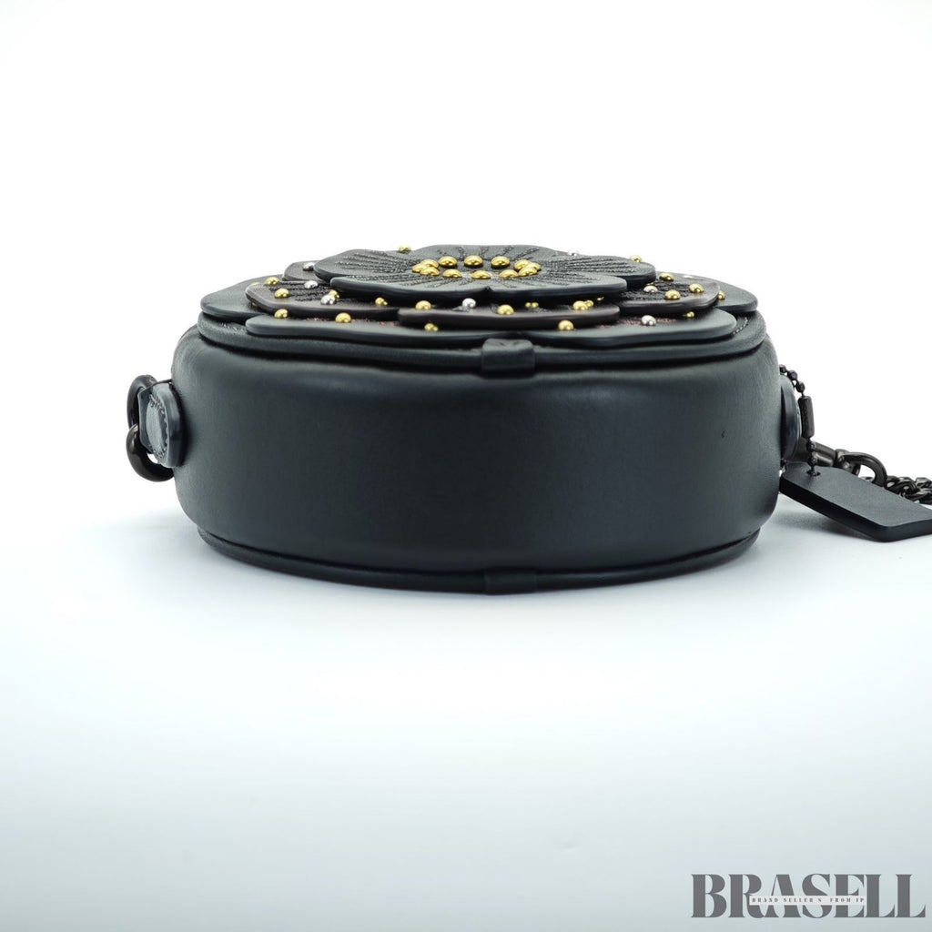 COACH Tea Rose Crossbody Bag CE782 Flower Round Shoulder Bag Black Women’s