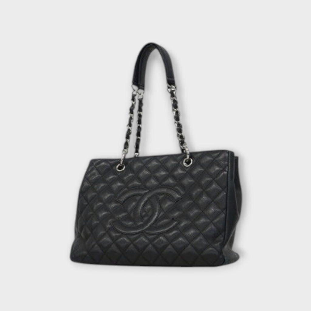 CHANEL Tote bag matrasse caviar skin black silver hardware chain