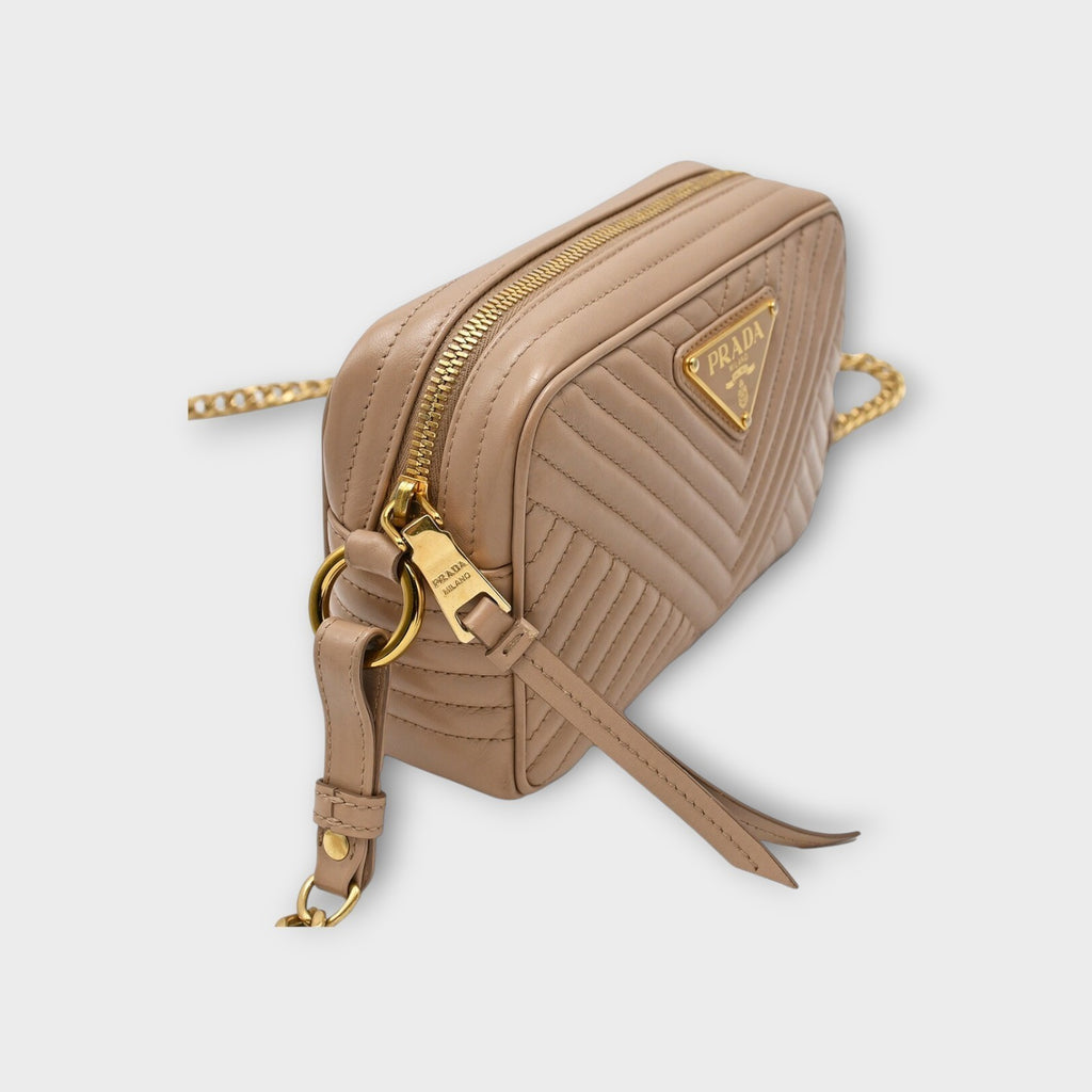 Prada Chain Shoulder Bag Triangle Logo Crossbody Bag 1BH102 Leather Beige 【A】