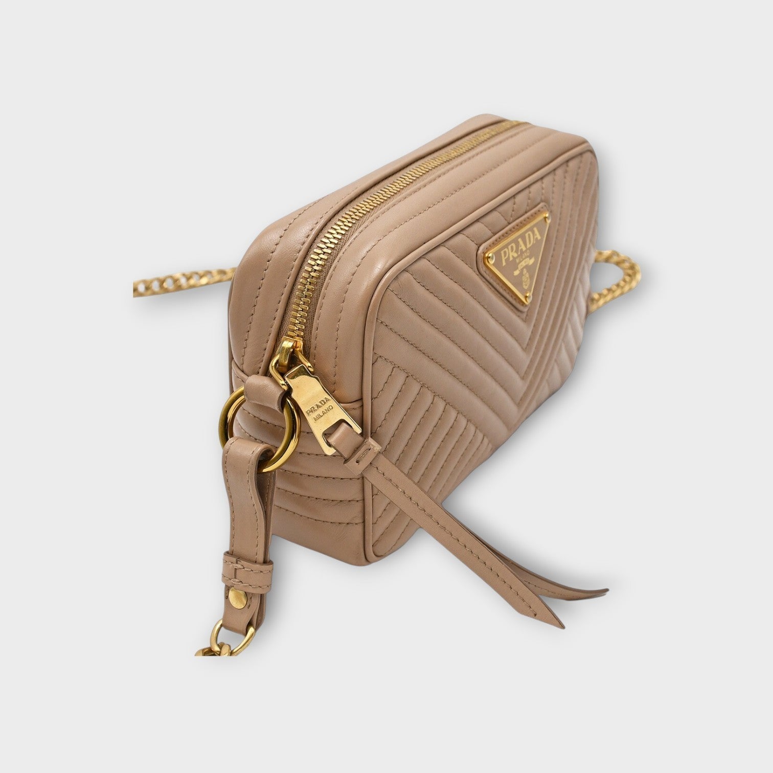 Prada Chain Shoulder Bag Triangle Logo Crossbody Bag 1BH102 Leather Beige 【A】