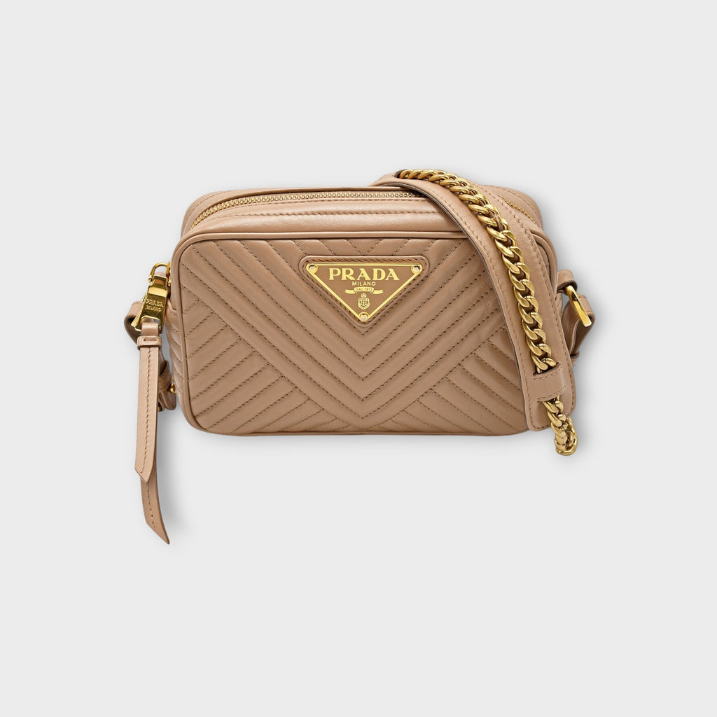 Prada Chain Shoulder Bag Triangle Logo Crossbody Bag 1BH102 Leather Beige 【A】
