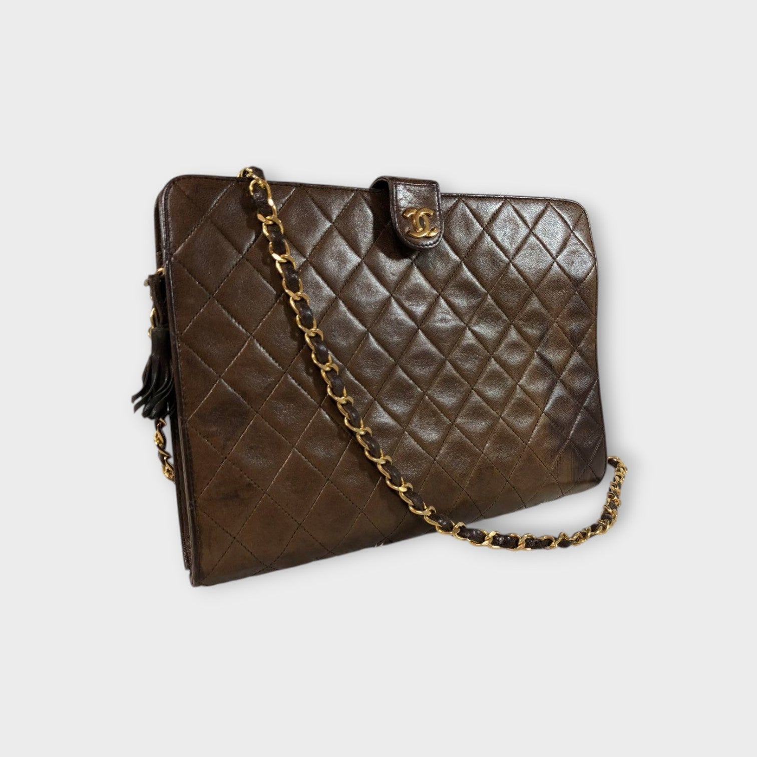 CHANEL Matelassé Lambskin Chain Shoulder Bag Fringe Gold Coco Mark Brown 【B】