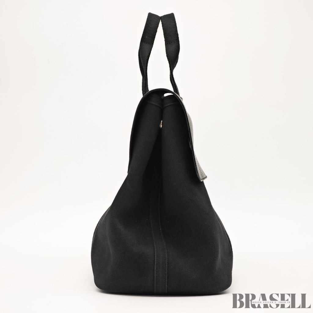 HERMES Valparaiso MM Handbag Toile Chevron Leather Black Unisex With Dust Bag