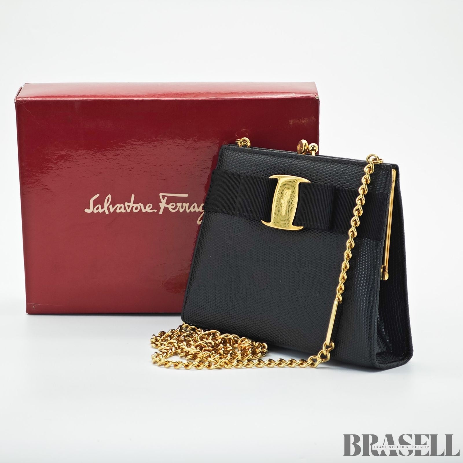 Salvatore Ferragamo Vara Ribbon 22-3054 Embossed Compact Shoulder Bag Black
