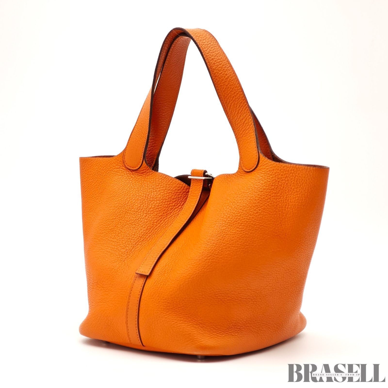 HERMES Picotin Lock MM Tote Bucket Bag Handbag Leather Orange Taurillon Clemence