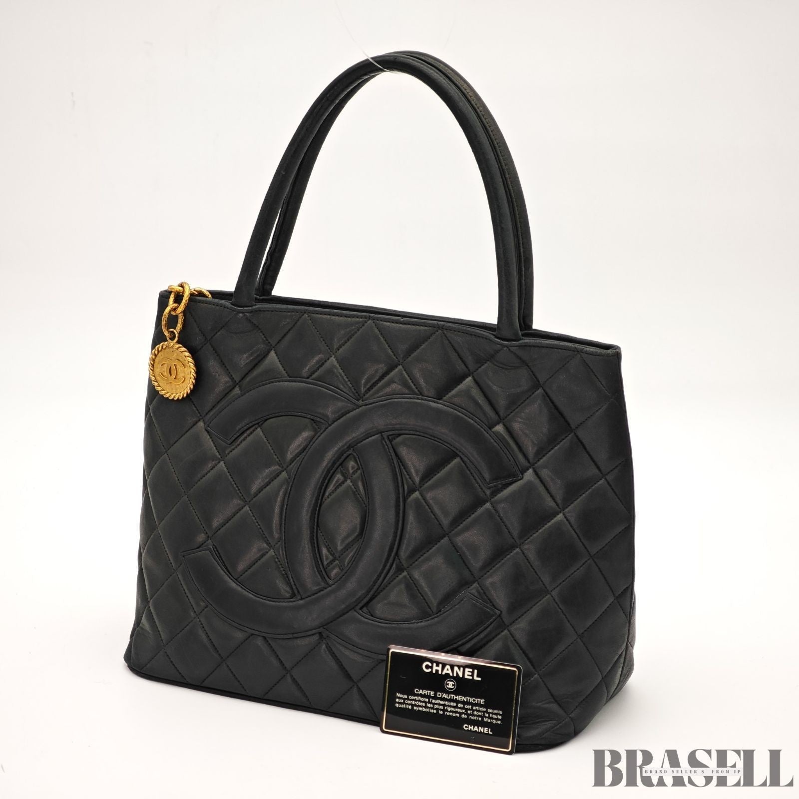 CHANEL Caviar Skin Black Tote Bag Handbag CC Logo with Warranty Card