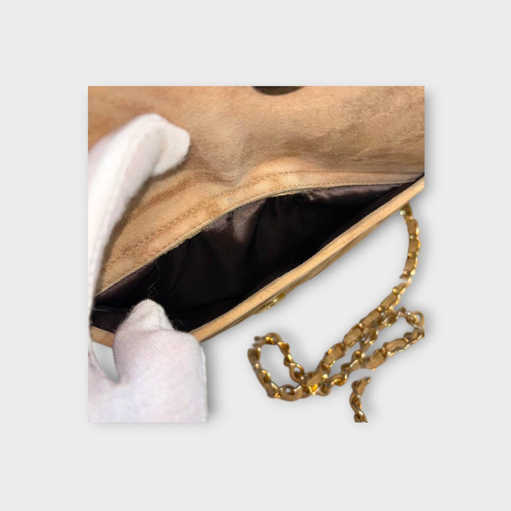 CHANEL Chain Shoulder Bag Matelassé Suede Leather Coco Mark Beige 【B】