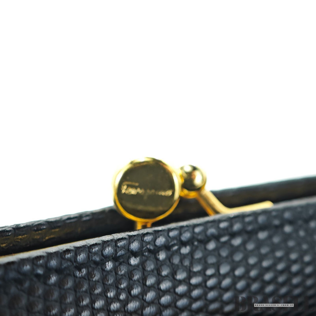 Salvatore Ferragamo Vara Ribbon 22-3054 Embossed Compact Shoulder Bag Black