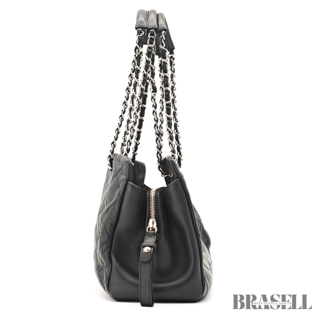 CHANEL Deca Coco Chain Tote Bag Black Caviar Leather Shoulder Bag Warranty Card