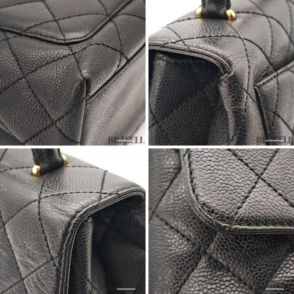 CHANEL Top Handle Bag Caviar Leather Handbag Black Women's with Dust Bag Card