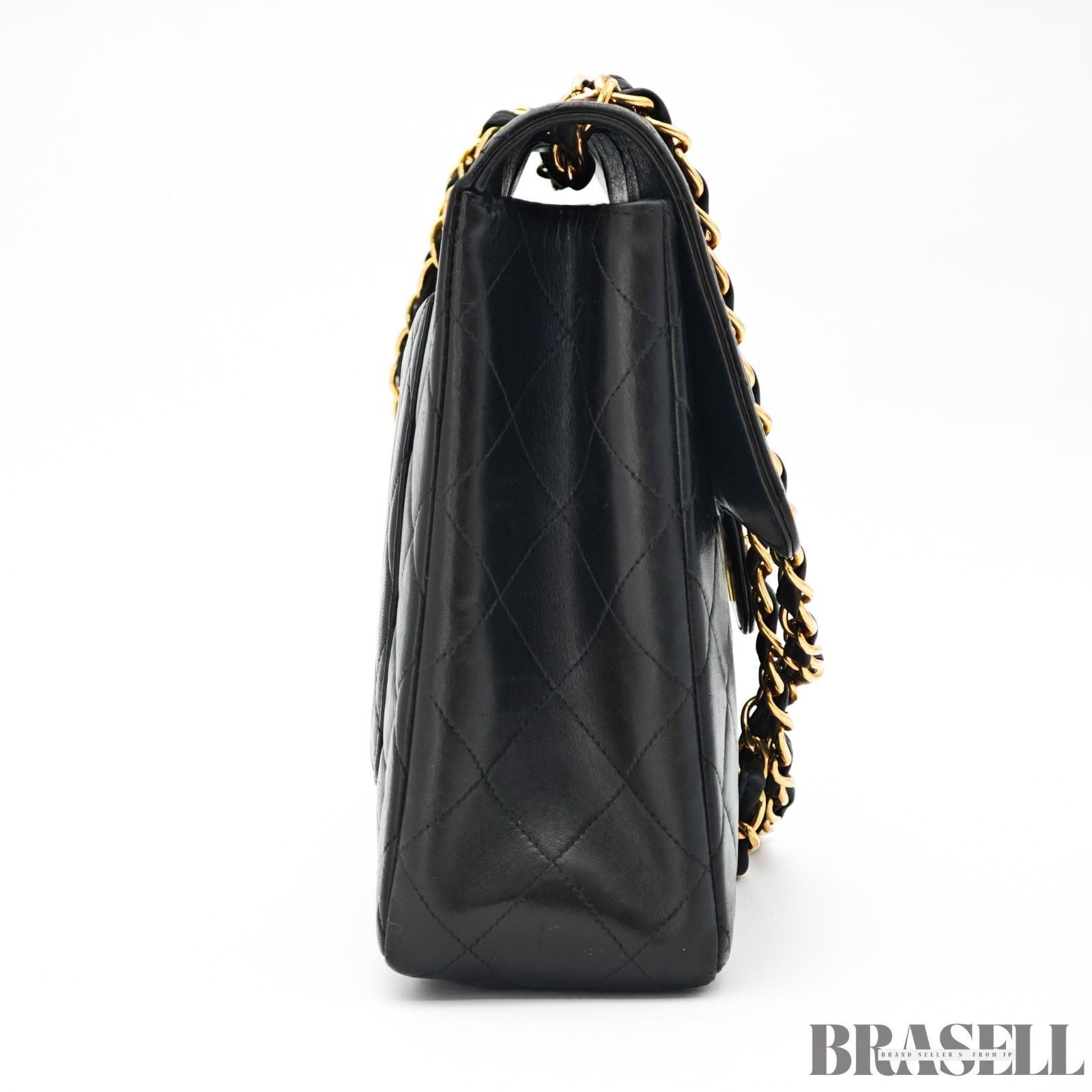 CHANEL Matelasse 30 Flap Chain Shoulder Bag Lamb Skin Black Gold CC Auth