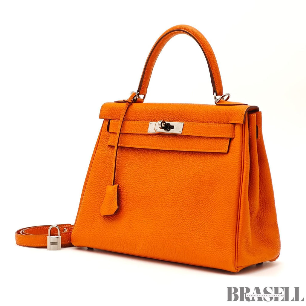 HERMES Kelly 28 Orange Silver Metal Taurillon Clemence 2way Handbag Shoulder Bag