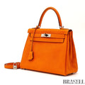 HERMES Kelly 28 Orange Silver Metal Taurillon Clemence 2way Handbag Shoulder Bag