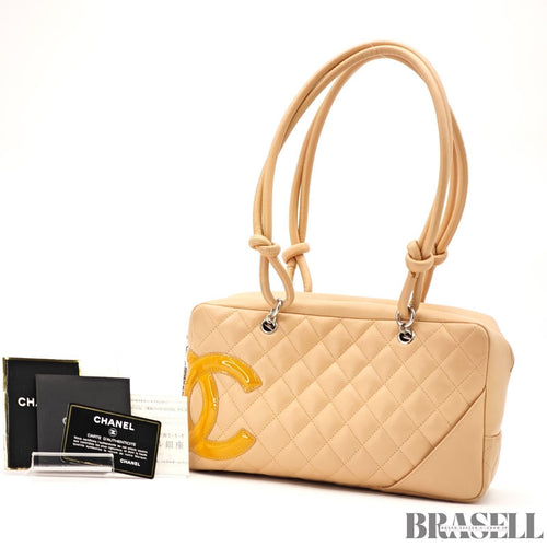 CHANEL Cambon Line Bowling Tote Bag Handbag Leather Beige with Warranty Card