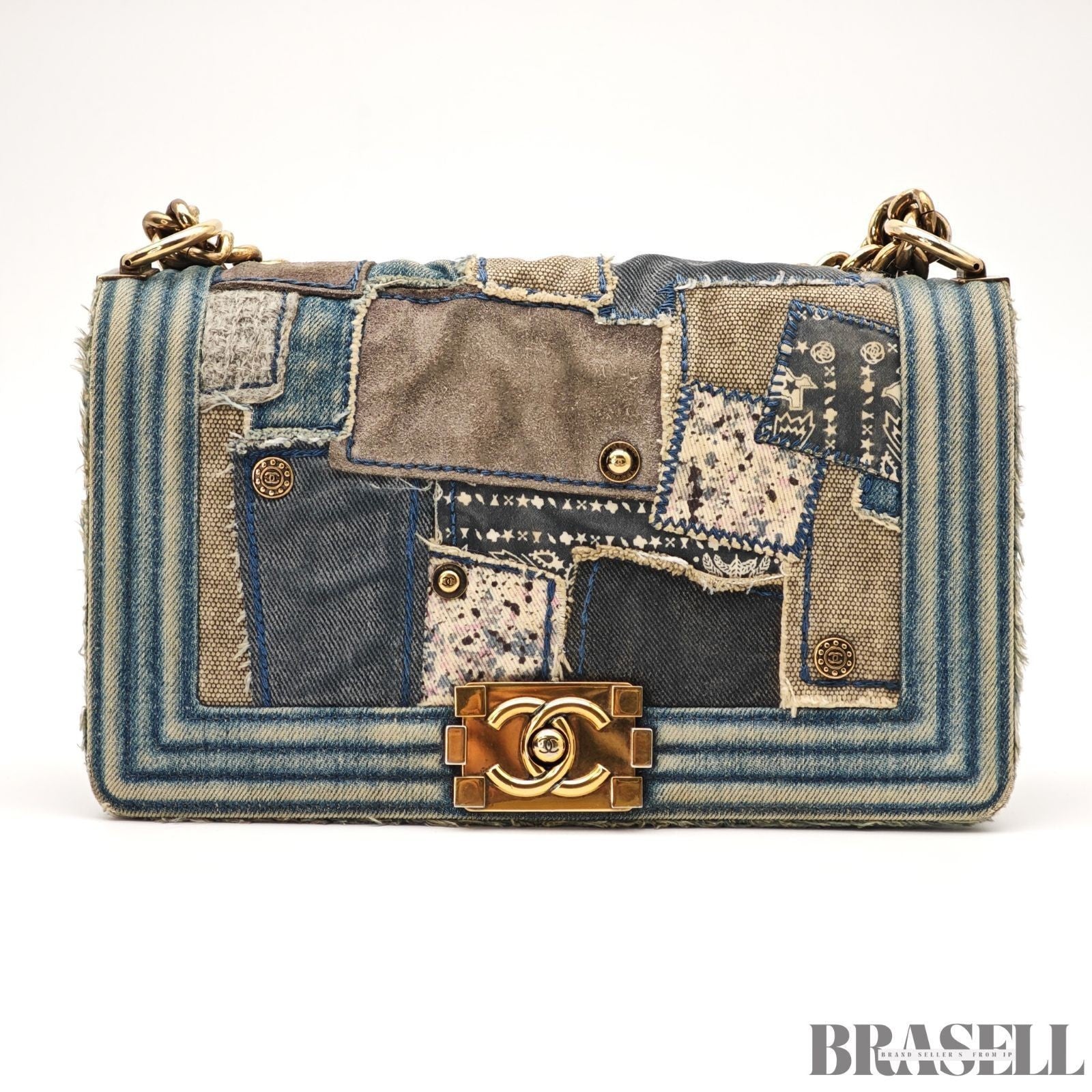 Chanel Boy Chanel Patchwork Chain Shoulder Bag Blue Gold Denim w/Box Dust Bag