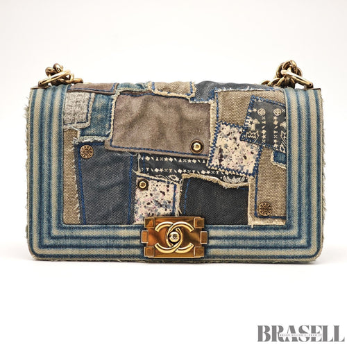 Chanel Boy Chanel Patchwork Chain Shoulder Bag Blue Gold Denim w/Box Dust Bag