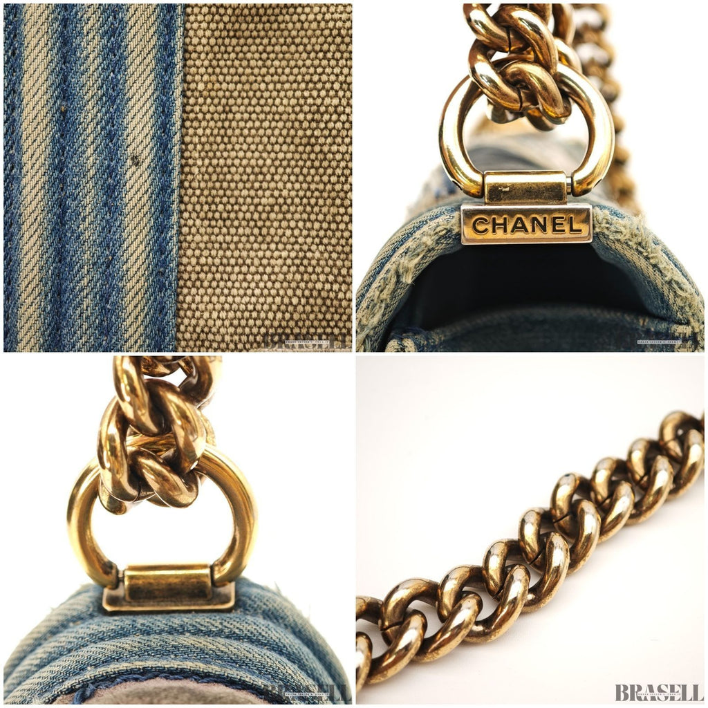 Chanel Boy Chanel Patchwork Chain Shoulder Bag Blue Gold Denim w/Box Dust Bag
