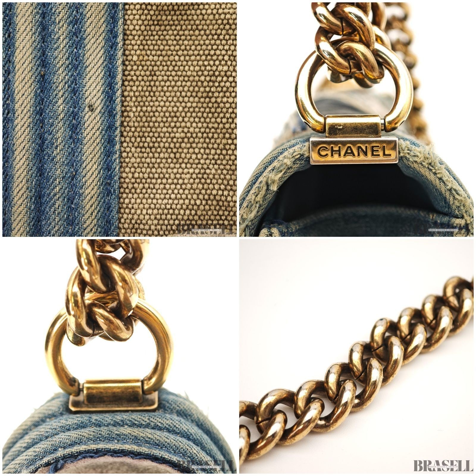 Chanel Boy Chanel Patchwork Chain Shoulder Bag Blue Gold Denim w/Box Dust Bag