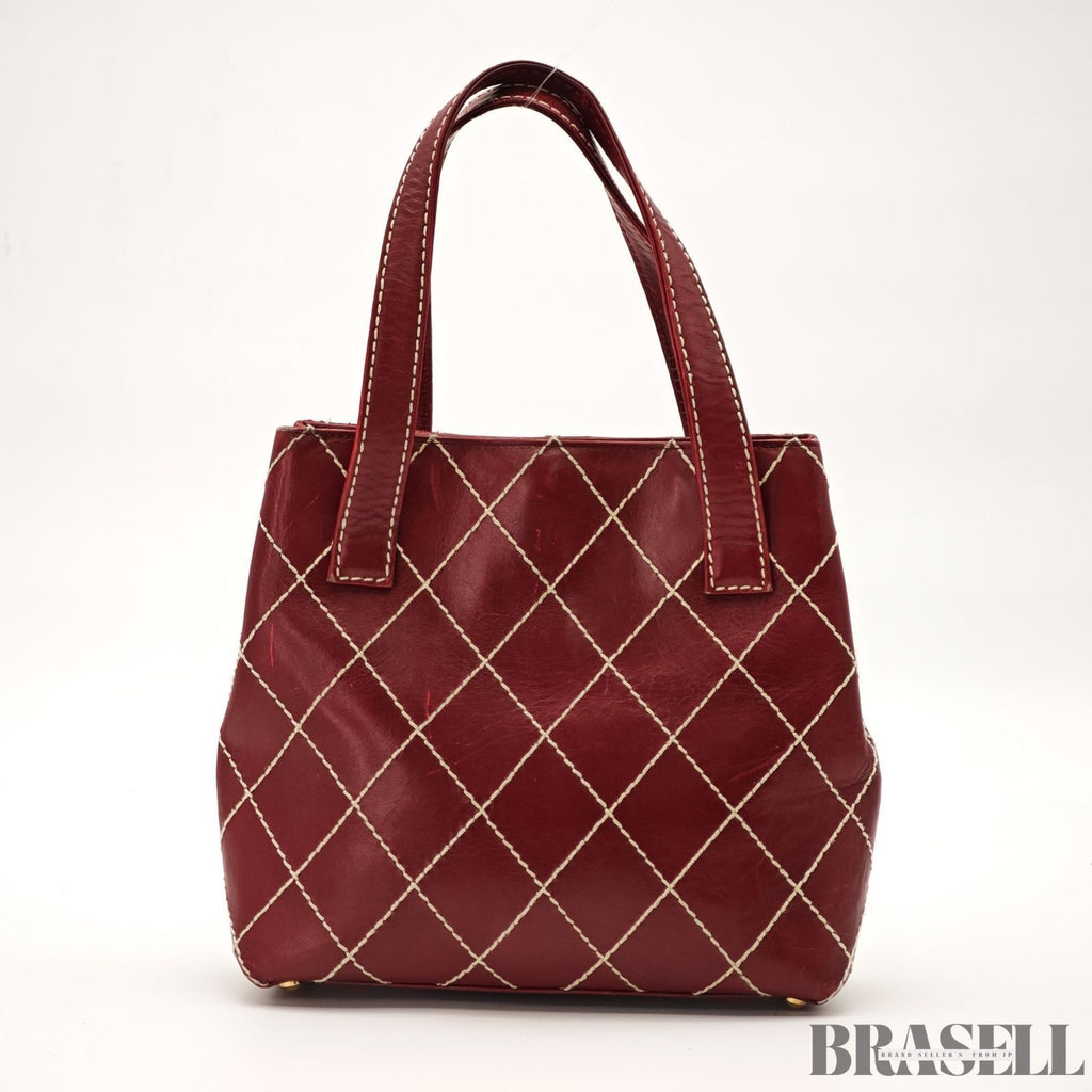 Authentic CHANEL Wild Stitch Tote Bag Handbag Leather Red Magnet Women